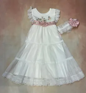 370 Girls brush cotton &Tulle w/ lace  & embroided floral design day gown