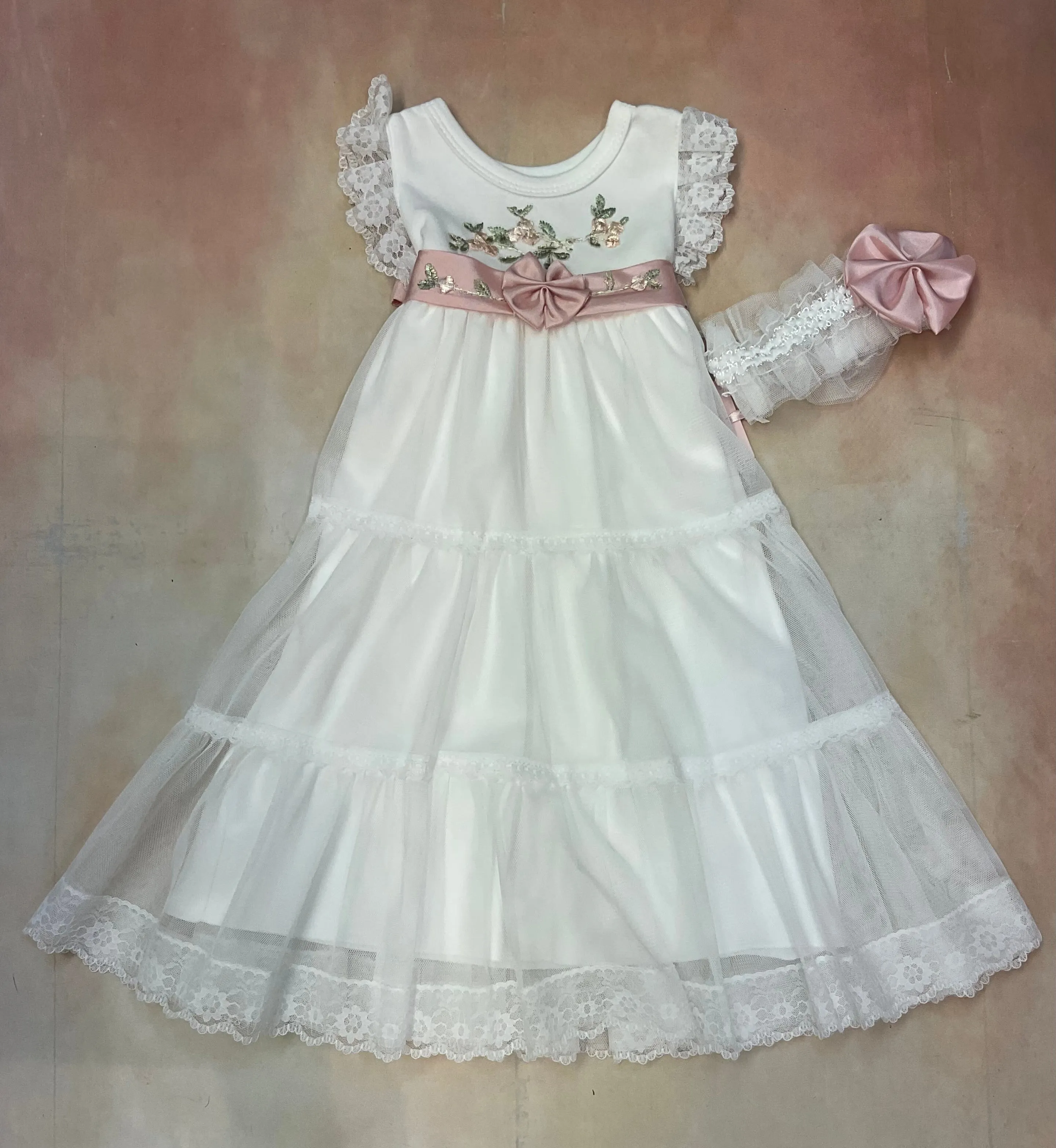 370 Girls brush cotton &Tulle w/ lace  & embroided floral design day gown