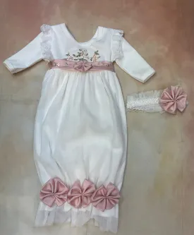 3800-Girls brush cotton &Tulle w/ lace  & embroided floral design layette Gown