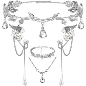 5 Pcs Wedding Elf Crown Ears Fairy Outfit Rhinestone Leaf Tiara Headband Cuffs for Birthday Bride Women(Silver)