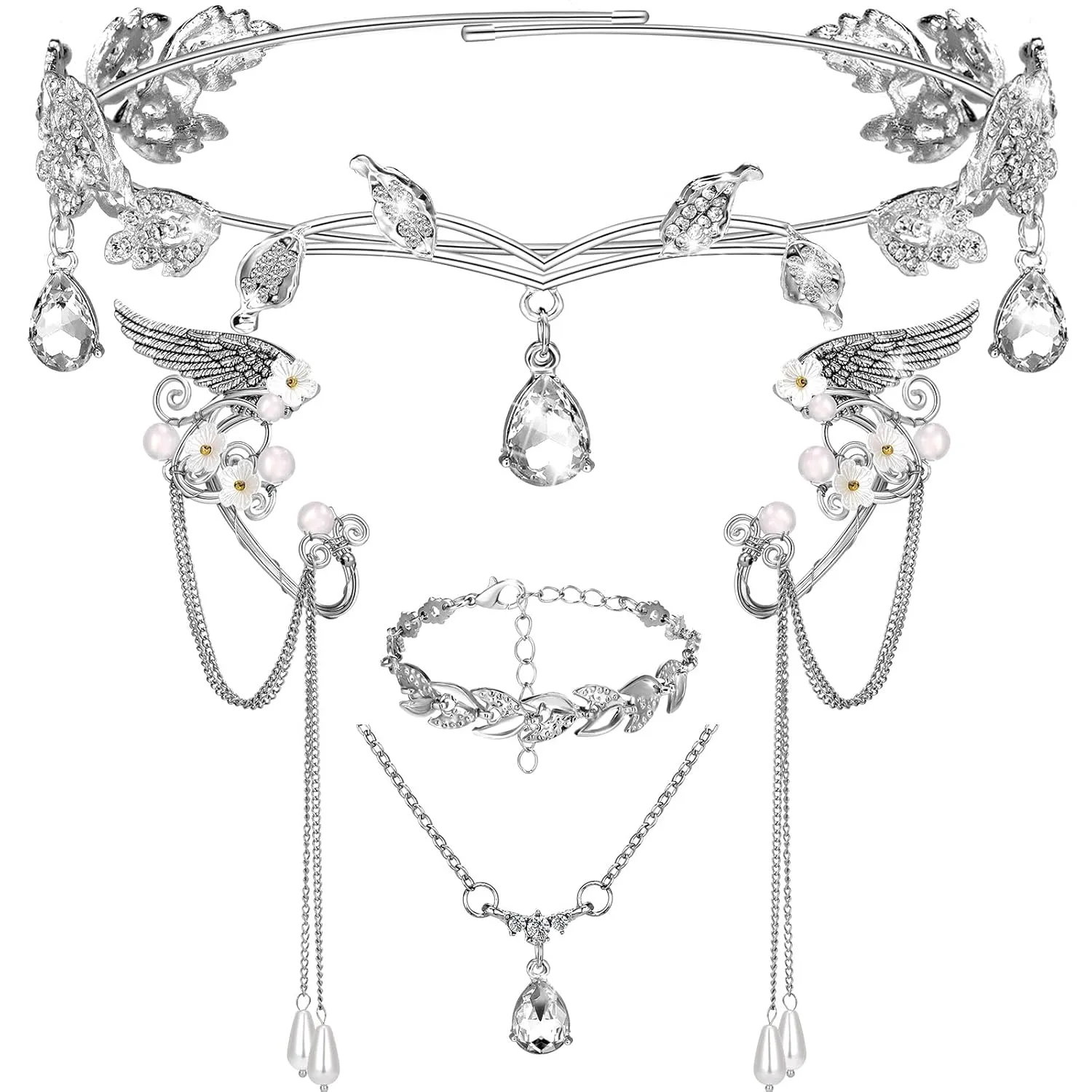 5 Pcs Wedding Elf Crown Ears Fairy Outfit Rhinestone Leaf Tiara Headband Cuffs for Birthday Bride Women(Silver)