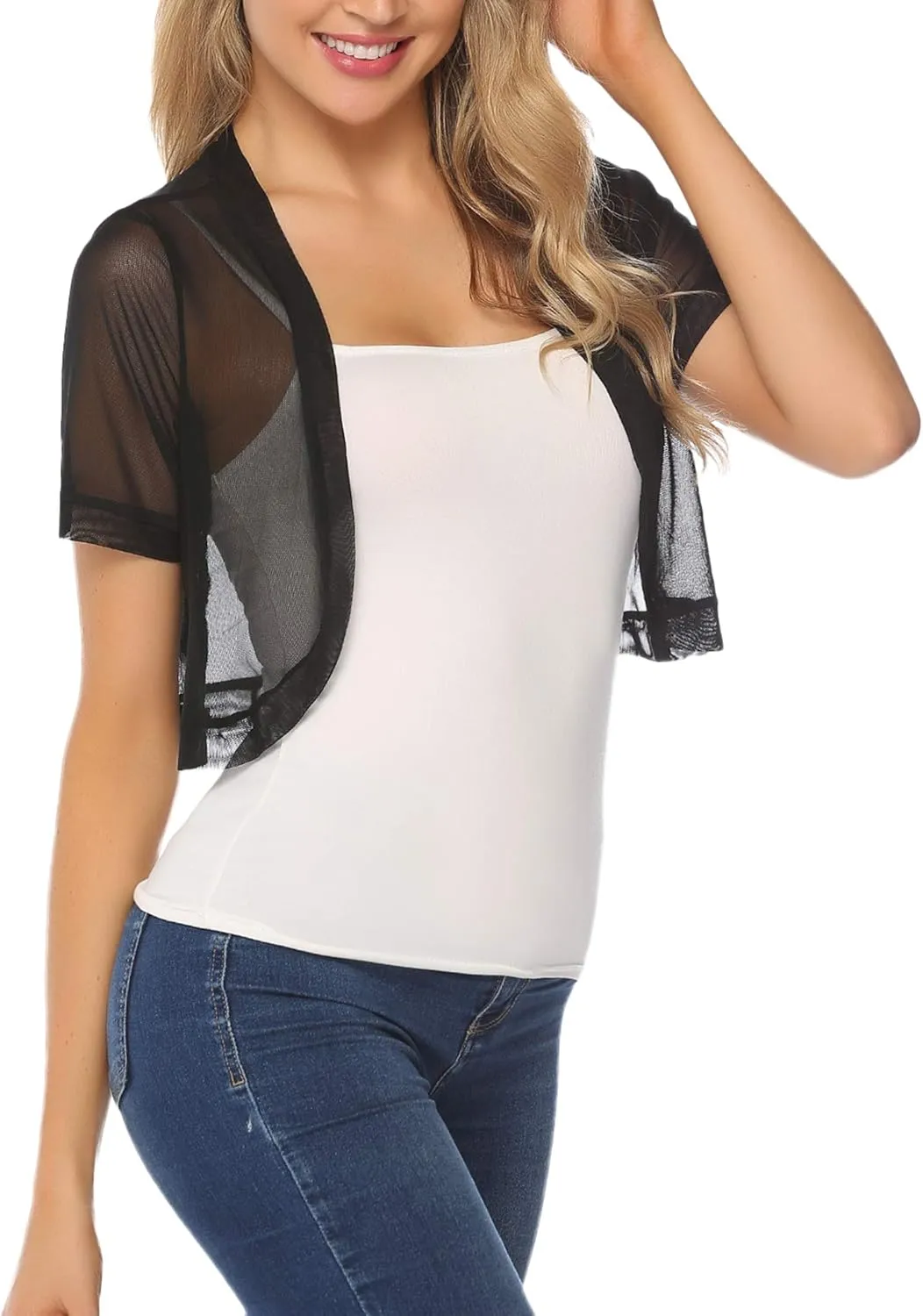 Aiboria Women Shrug Open Front Mesh Cropped Bolero Short Sleeve Sheer Cardigan