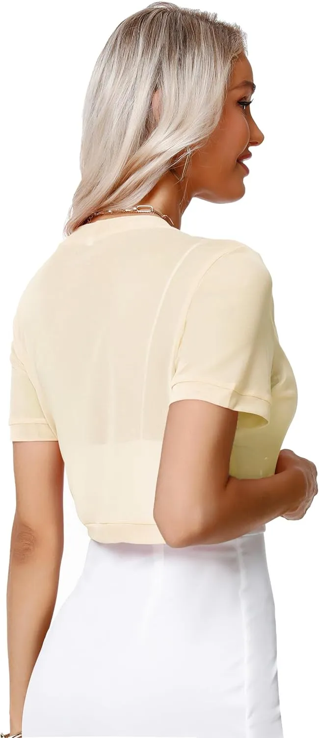 Aiboria Women Shrug Open Front Mesh Cropped Bolero Short Sleeve Sheer Cardigan