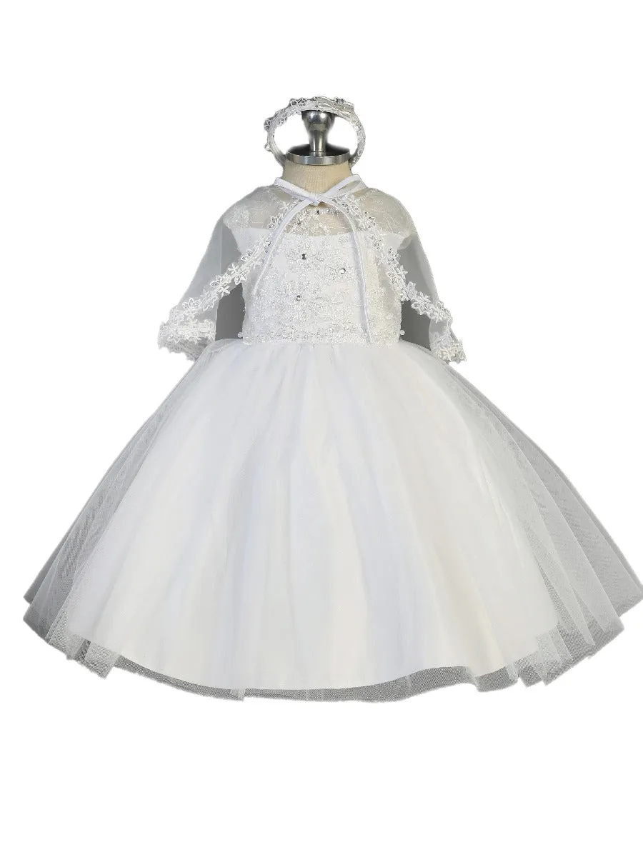 Baby Girls White Cap Sleeves Illusion Neck Christening Gown 0-12M
