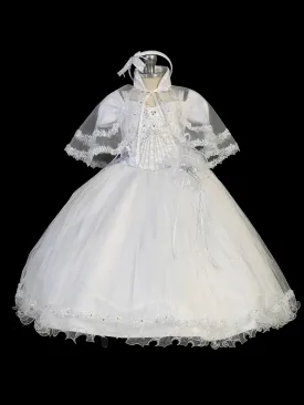 Baby Girls White Flower Glitter Tulle Cape Baptism Gown 0-12M