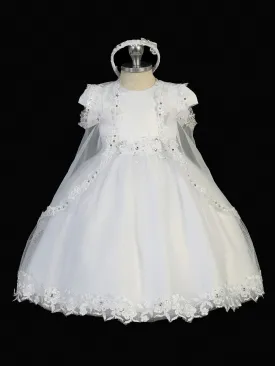 Baby Girls White Satin Tulle Floral Applique Baptism Gown 0-12M