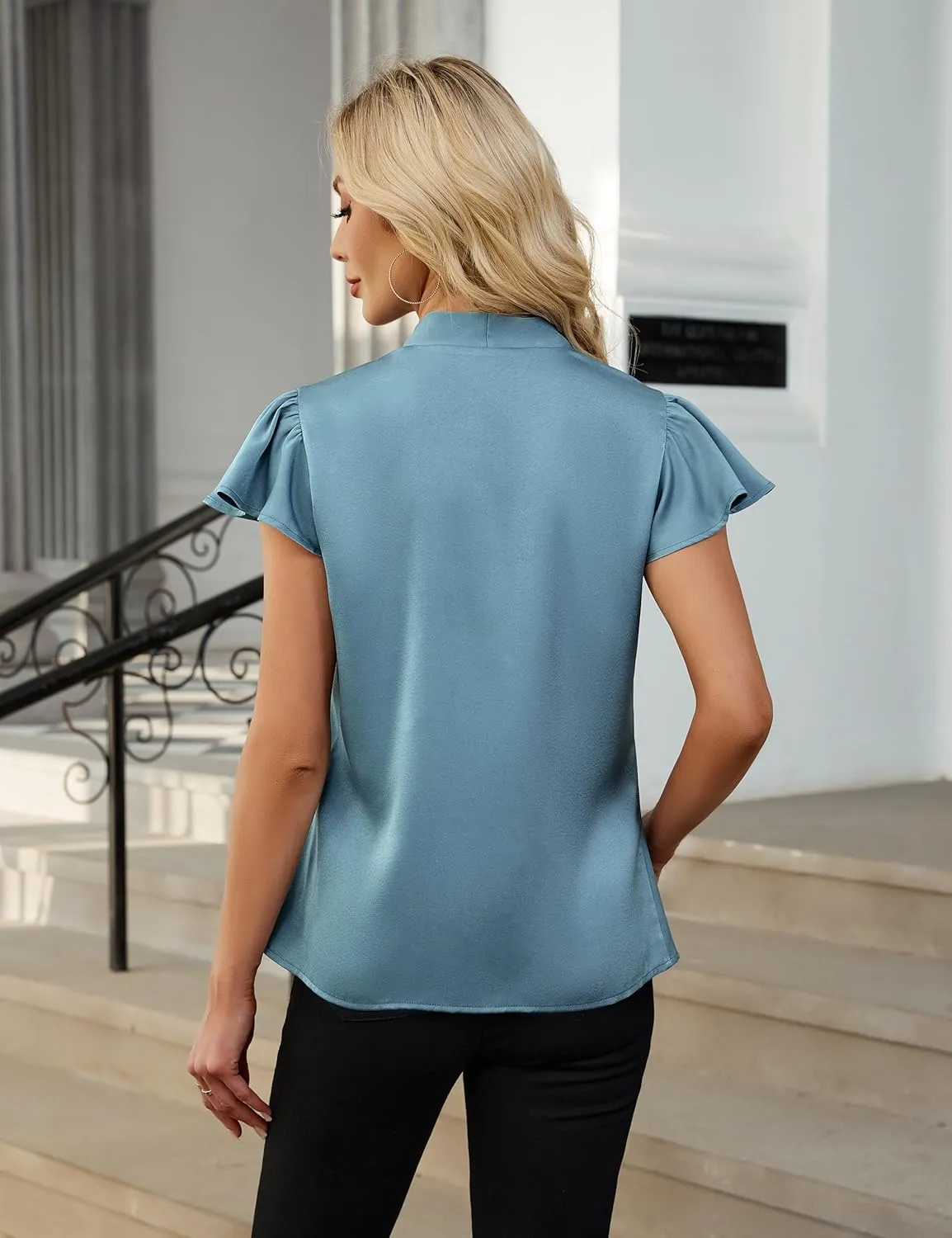 Blooming Jelly Womens Dressy Casual Blouses V Neck Ruffle Short Sleeve Dress Shirts Business Casual Pleat 2025 Tops