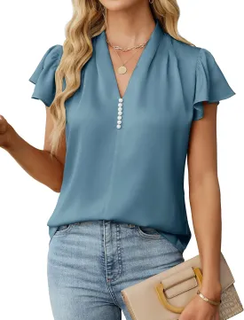 Blooming Jelly Womens Dressy Casual Blouses V Neck Ruffle Short Sleeve Dress Shirts Business Casual Pleat 2025 Tops