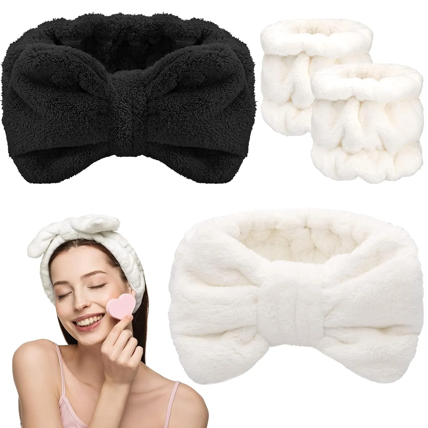 Chuangdi 4 Pcs Microfiber Headband Spa Wristbands and Wrist Bands for Washing Face Cuffs Towel Wristbands Hair Headband Face Wash Cuffs for Women Makeup(Black, White)