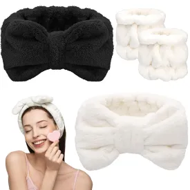 Chuangdi 4 Pcs Microfiber Headband Spa Wristbands and Wrist Bands for Washing Face Cuffs Towel Wristbands Hair Headband Face Wash Cuffs for Women Makeup(Black, White)