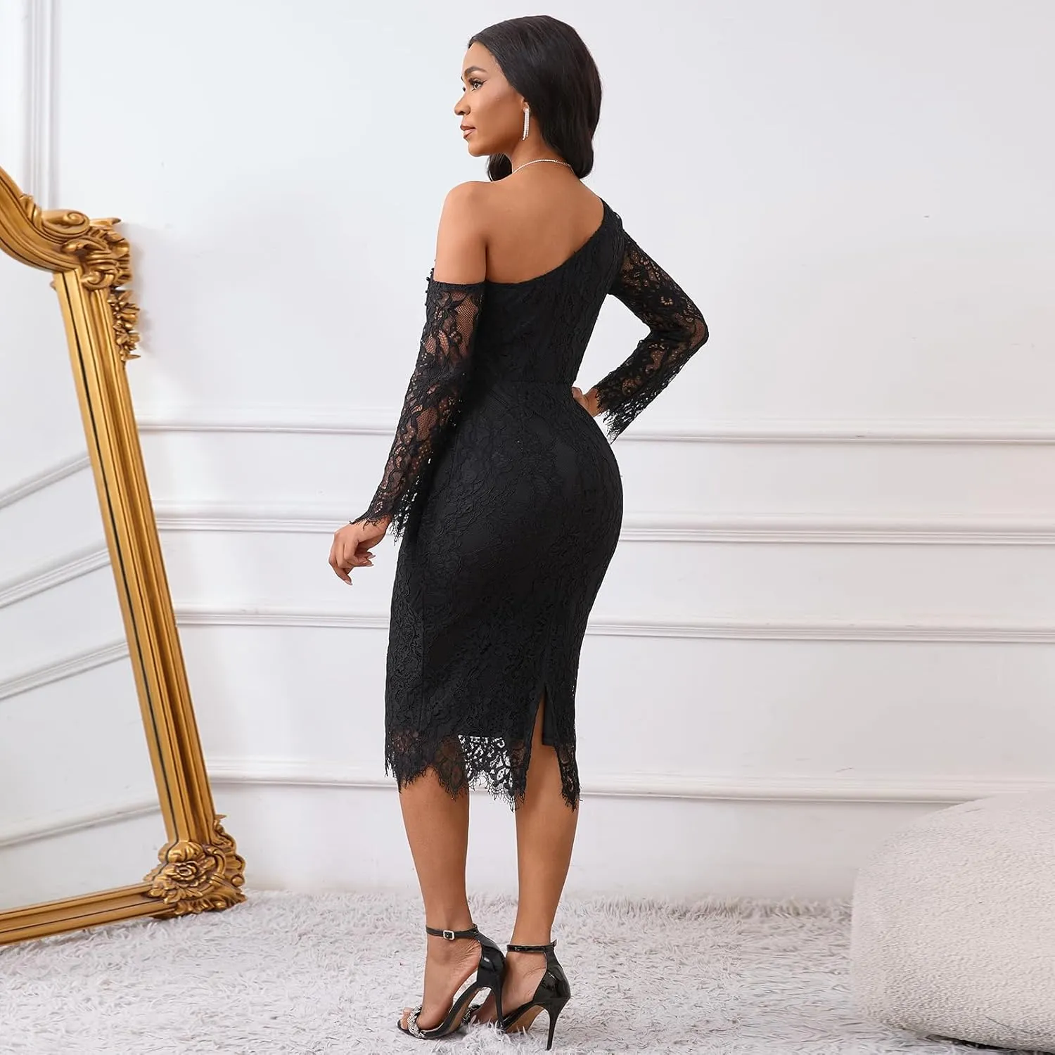 Cololura Women Elegant Floral Lace Patchwork Long Sleeve Evening Gown Party Cocktail Bodycon Dress