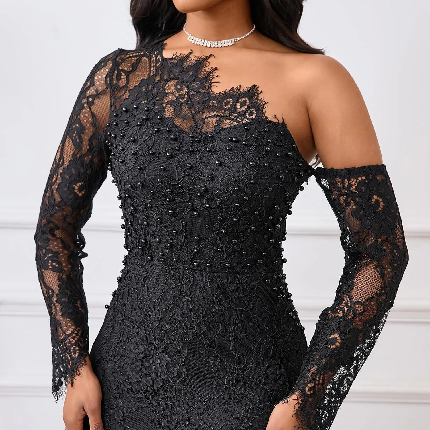 Cololura Women Elegant Floral Lace Patchwork Long Sleeve Evening Gown Party Cocktail Bodycon Dress