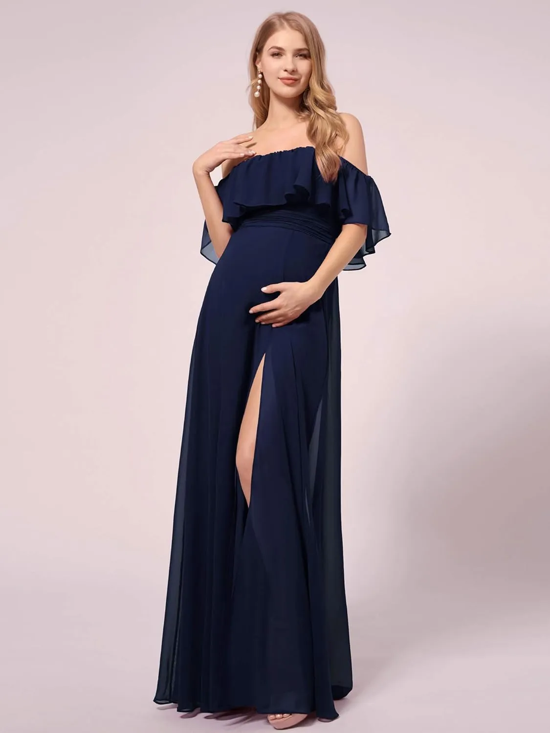 Ever-Pretty Womens Off-Shoulder Side Slit Long Chiffon Ruffle Pregnancy Party Dress Maternity Photography Dresses 0969-EY