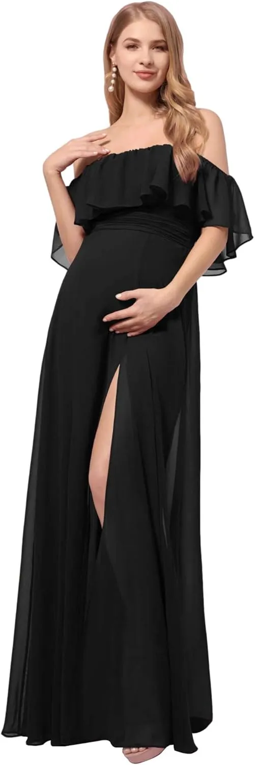 Ever-Pretty Womens Off-Shoulder Side Slit Long Chiffon Ruffle Pregnancy Party Dress Maternity Photography Dresses 0969-EY