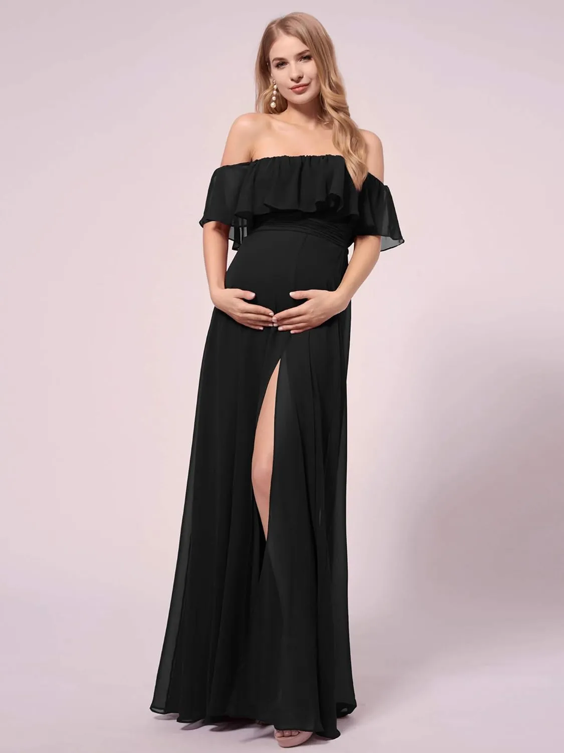 Ever-Pretty Womens Off-Shoulder Side Slit Long Chiffon Ruffle Pregnancy Party Dress Maternity Photography Dresses 0969-EY