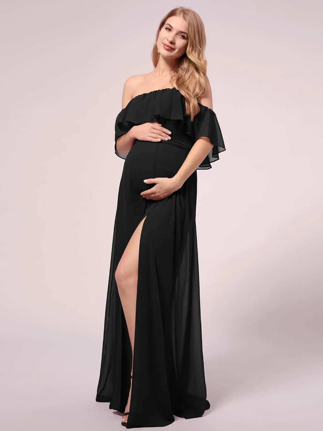 Ever-Pretty Womens Off-Shoulder Side Slit Long Chiffon Ruffle Pregnancy Party Dress Maternity Photography Dresses 0969-EY