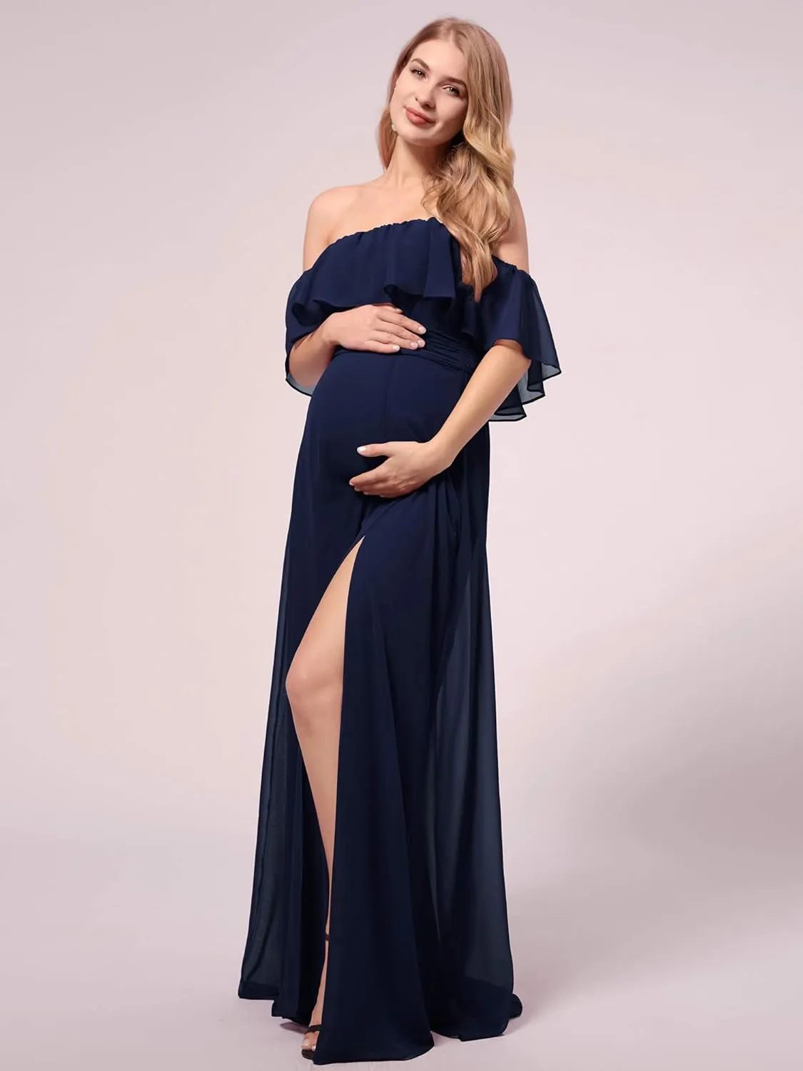 Ever-Pretty Womens Off-Shoulder Side Slit Long Chiffon Ruffle Pregnancy Party Dress Maternity Photography Dresses 0969-EY