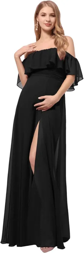 Ever-Pretty Womens Off-Shoulder Side Slit Long Chiffon Ruffle Pregnancy Party Dress Maternity Photography Dresses 0969-EY