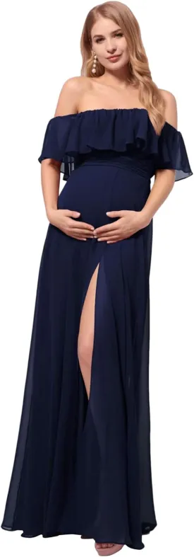 Ever-Pretty Womens Off-Shoulder Side Slit Long Chiffon Ruffle Pregnancy Party Dress Maternity Photography Dresses 0969-EY