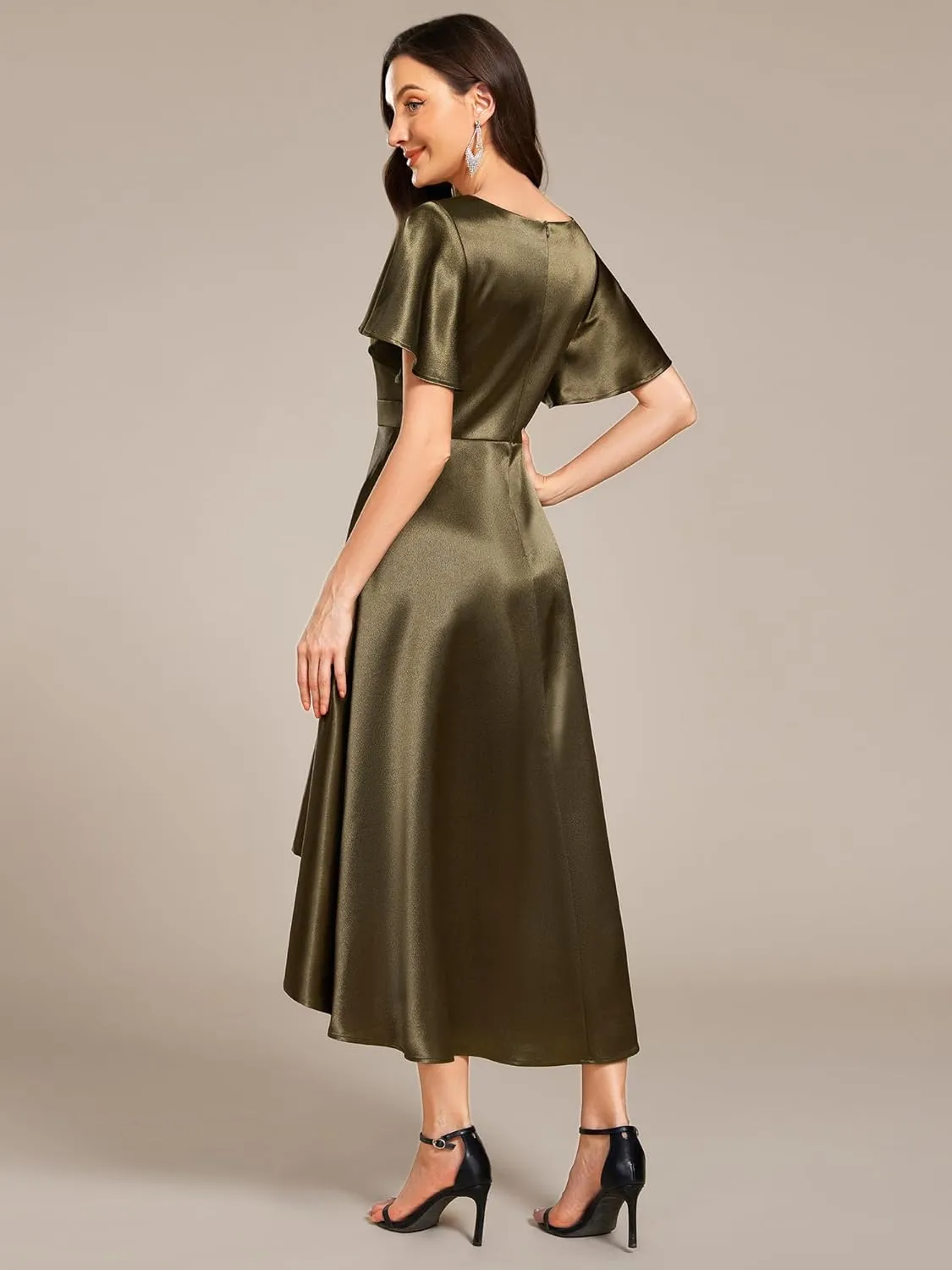 Ever-Pretty Women's Satin Short Ruffles Sleeves A Line Empire Waist Wedding Guest Dress with Pockets 02335