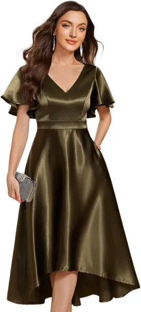 Ever-Pretty Women's Satin Short Ruffles Sleeves A Line Empire Waist Wedding Guest Dress with Pockets 02335