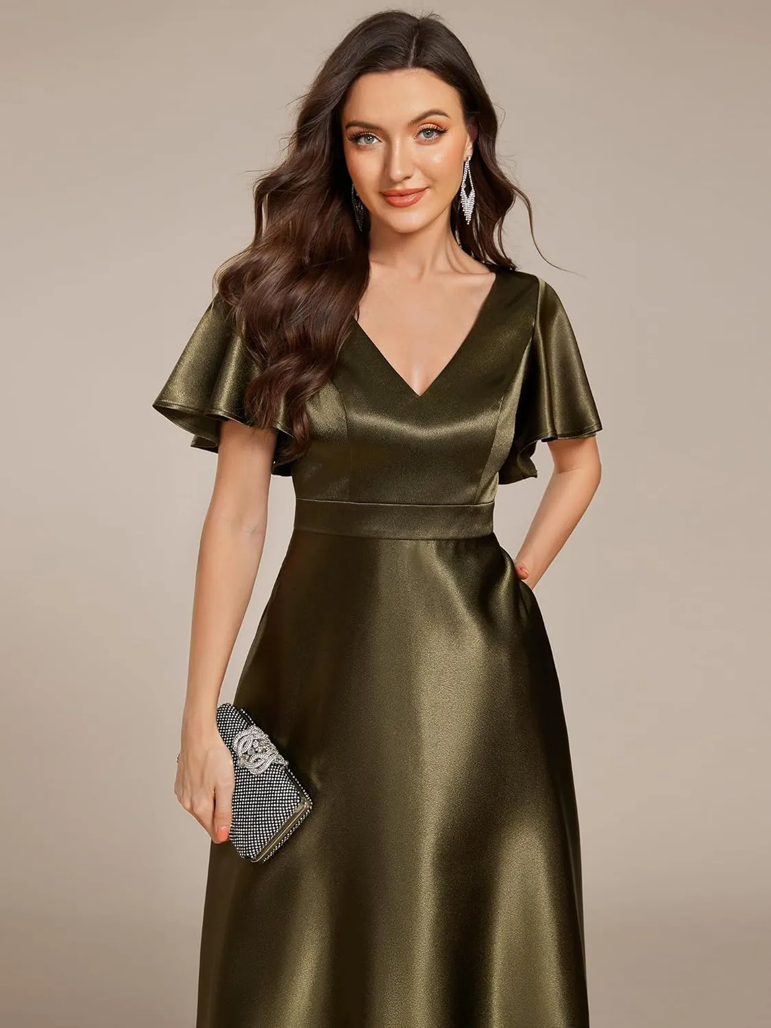 Ever-Pretty Women's Satin Short Ruffles Sleeves A Line Empire Waist Wedding Guest Dress with Pockets 02335