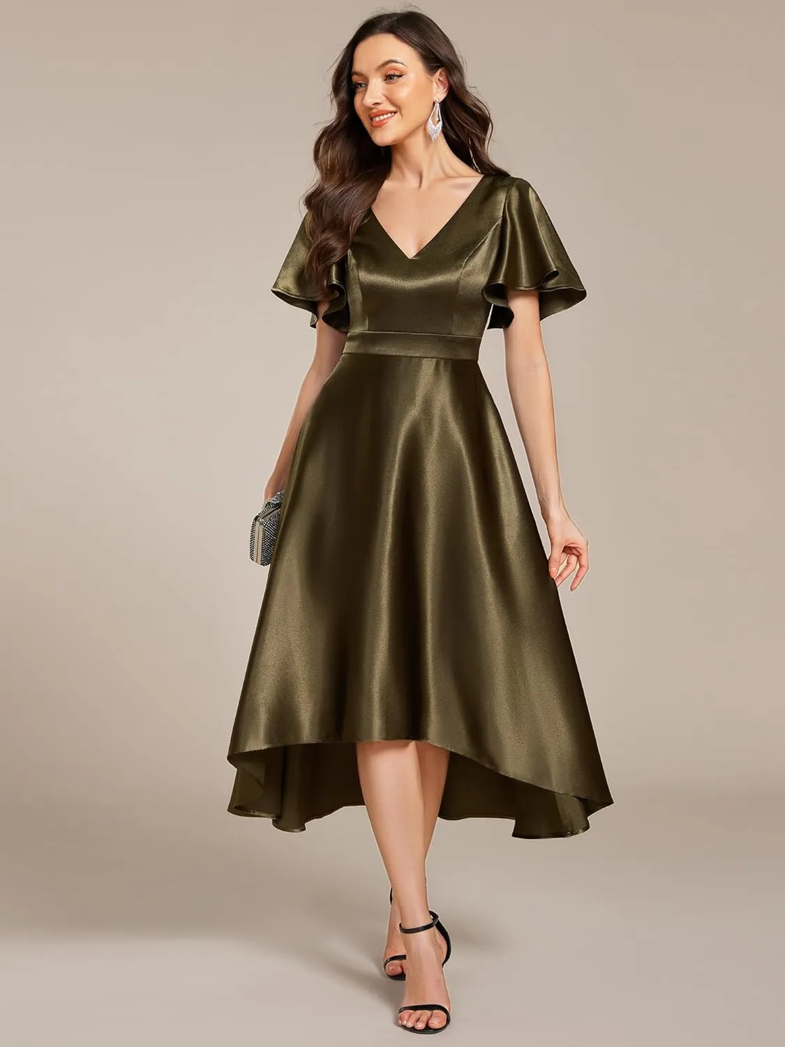 Ever-Pretty Women's Satin Short Ruffles Sleeves A Line Empire Waist Wedding Guest Dress with Pockets 02335