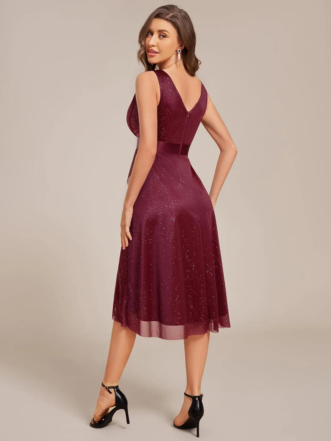 Ever-Pretty Women's V Neck Hi-Lo Sleeveless Glitter Pleated Ruffles Midi Cocktail Dress 54159
