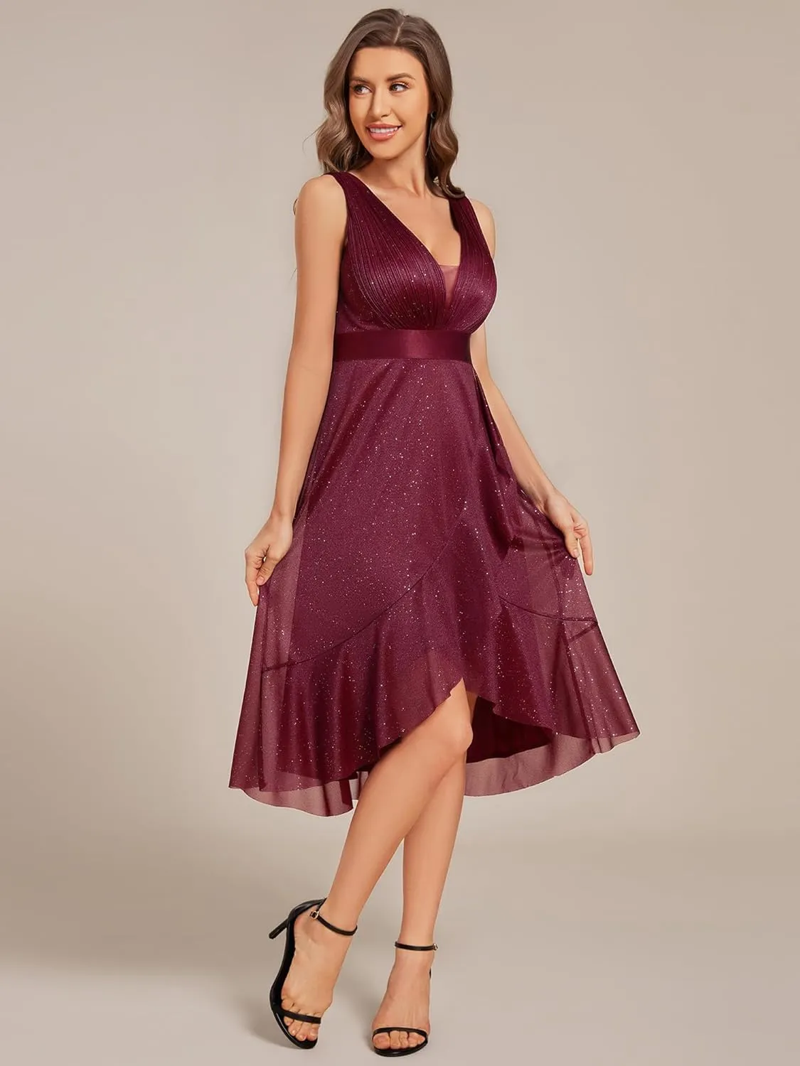 Ever-Pretty Women's V Neck Hi-Lo Sleeveless Glitter Pleated Ruffles Midi Cocktail Dress 54159