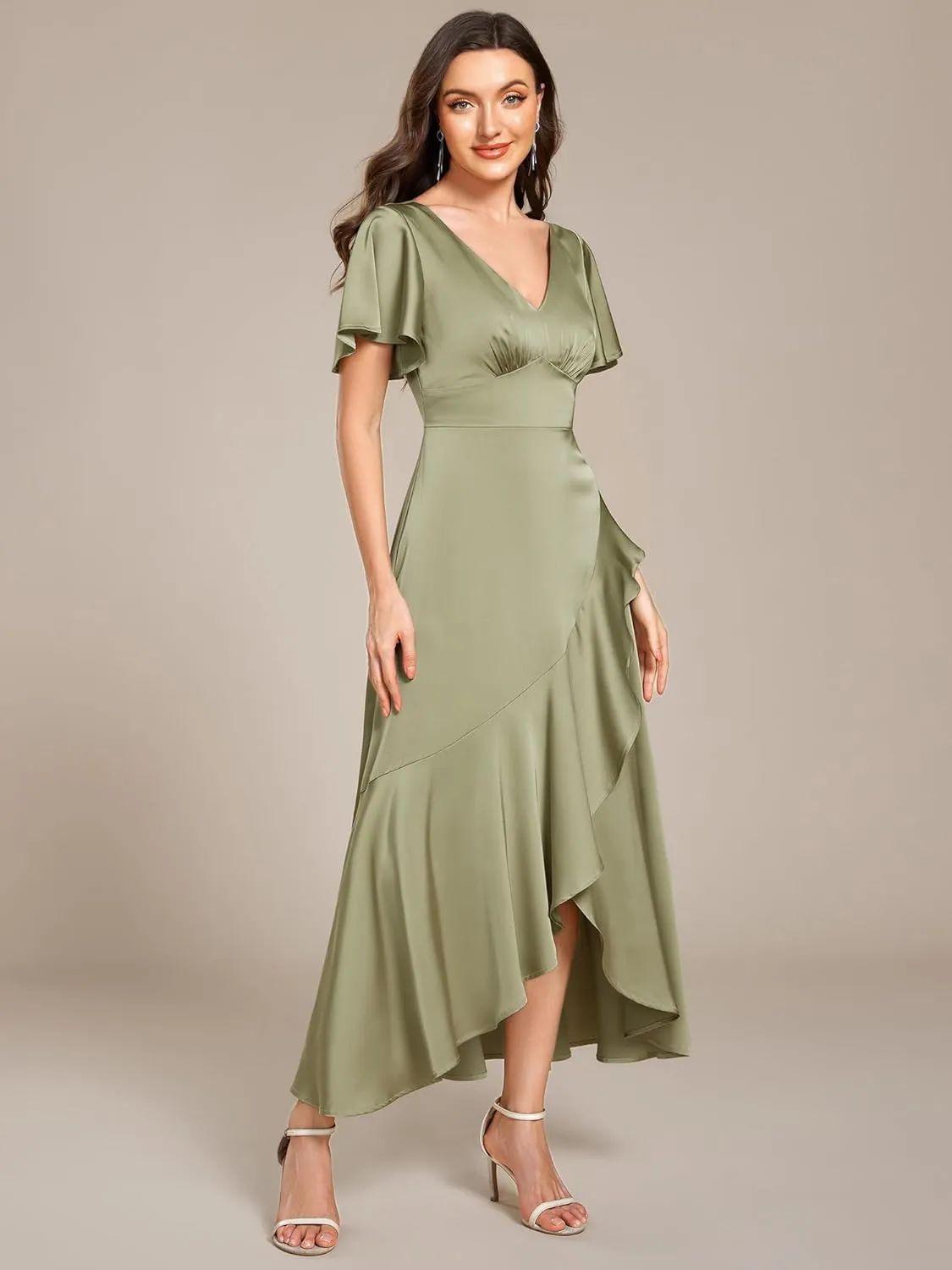 Ever-Pretty Women's V Neck Satin Short Sleeves Ruffle Hi-Lo Midi Bridesmaid Dress 02336