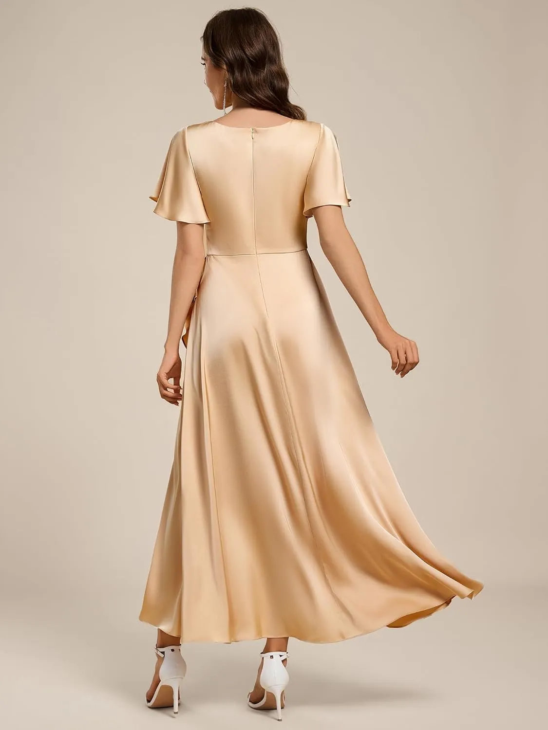 Ever-Pretty Women's V Neck Satin Short Sleeves Ruffle Hi-Lo Midi Bridesmaid Dress 02336