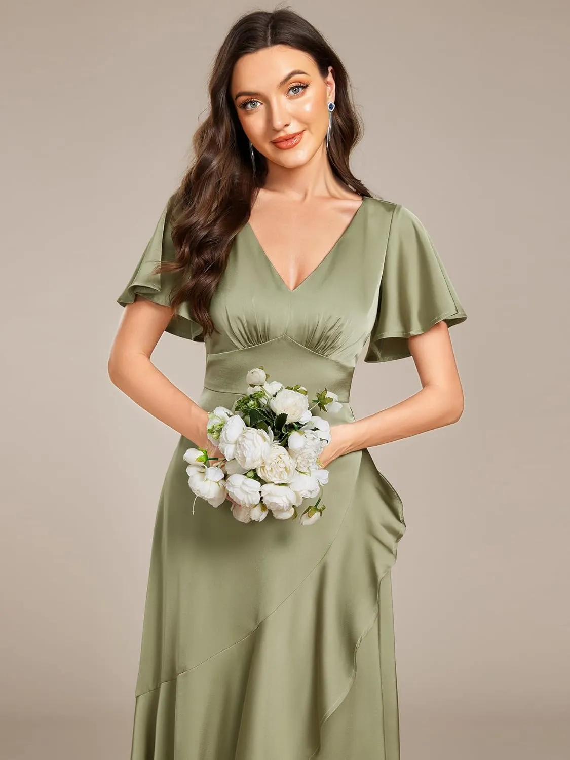 Ever-Pretty Women's V Neck Satin Short Sleeves Ruffle Hi-Lo Midi Bridesmaid Dress 02336