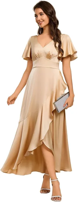 Ever-Pretty Women's V Neck Satin Short Sleeves Ruffle Hi-Lo Midi Bridesmaid Dress 02336
