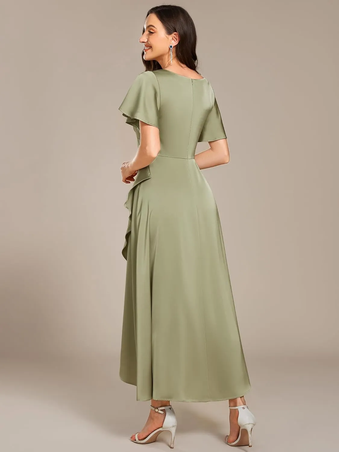 Ever-Pretty Women's V Neck Satin Short Sleeves Ruffle Hi-Lo Midi Bridesmaid Dress 02336