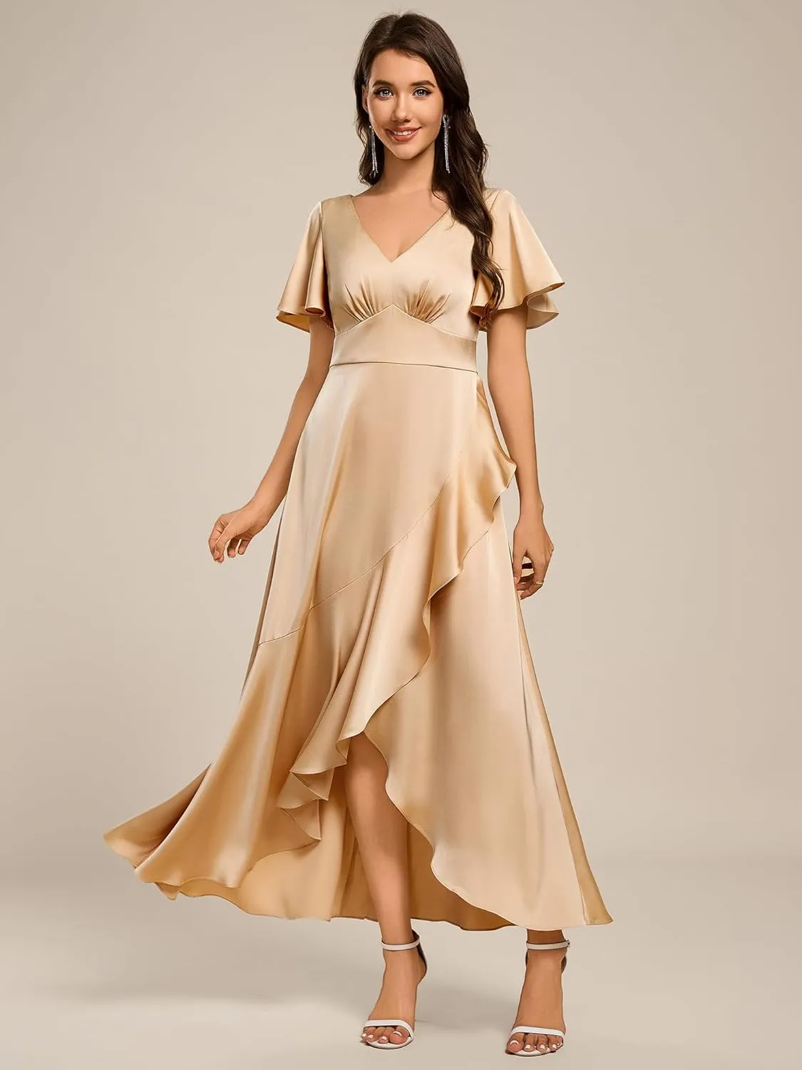 Ever-Pretty Women's V Neck Satin Short Sleeves Ruffle Hi-Lo Midi Bridesmaid Dress 02336
