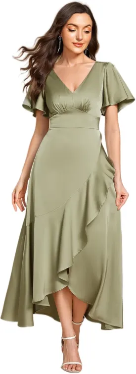 Ever-Pretty Women's V Neck Satin Short Sleeves Ruffle Hi-Lo Midi Bridesmaid Dress 02336