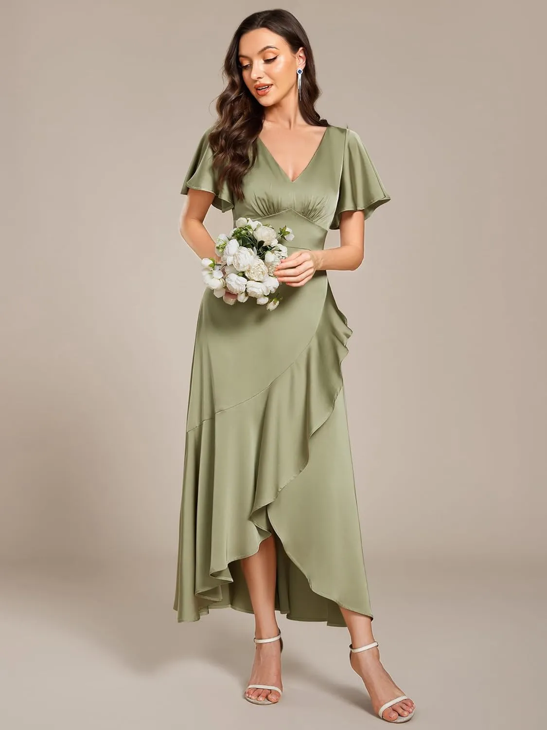 Ever-Pretty Women's V Neck Satin Short Sleeves Ruffle Hi-Lo Midi Bridesmaid Dress 02336