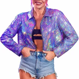 EVILD Womens Sequin Jacket Sparkly Blazer Jackets Glitter Disco Costume Outfits