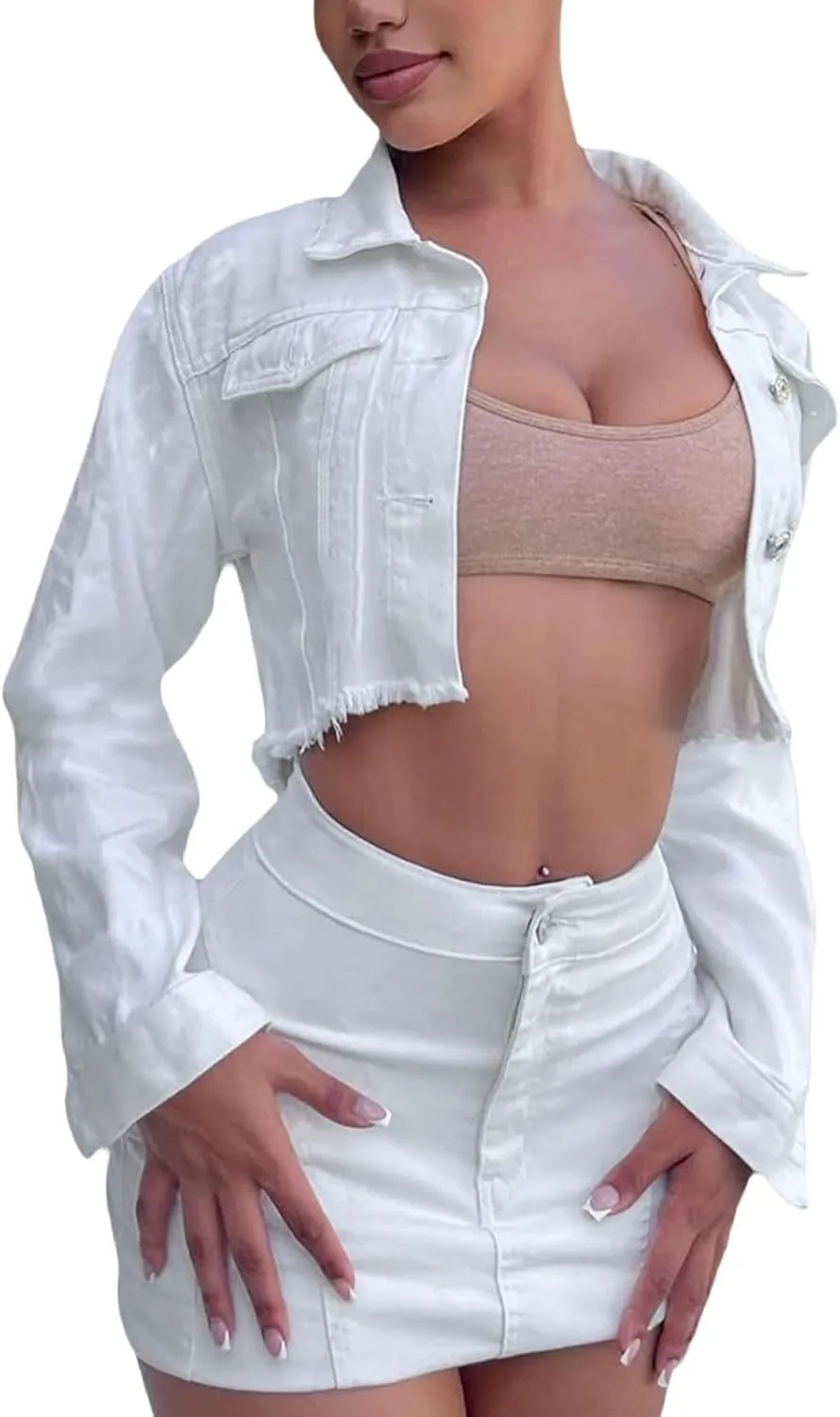 FairBeauty Women's Washed Distressed Denim Jacket Long Sleeve Ripped Button Up Cropped Jean Jacket