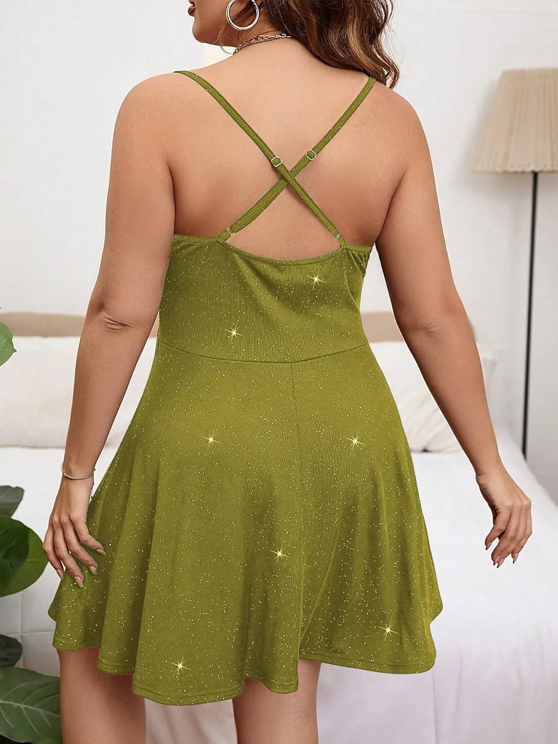 Floerns Women's Plus Size Sleeveless Glitter Dress Wrap V Neck Flared Short Dress