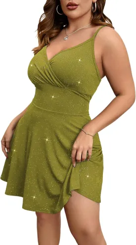 Floerns Women's Plus Size Sleeveless Glitter Dress Wrap V Neck Flared Short Dress
