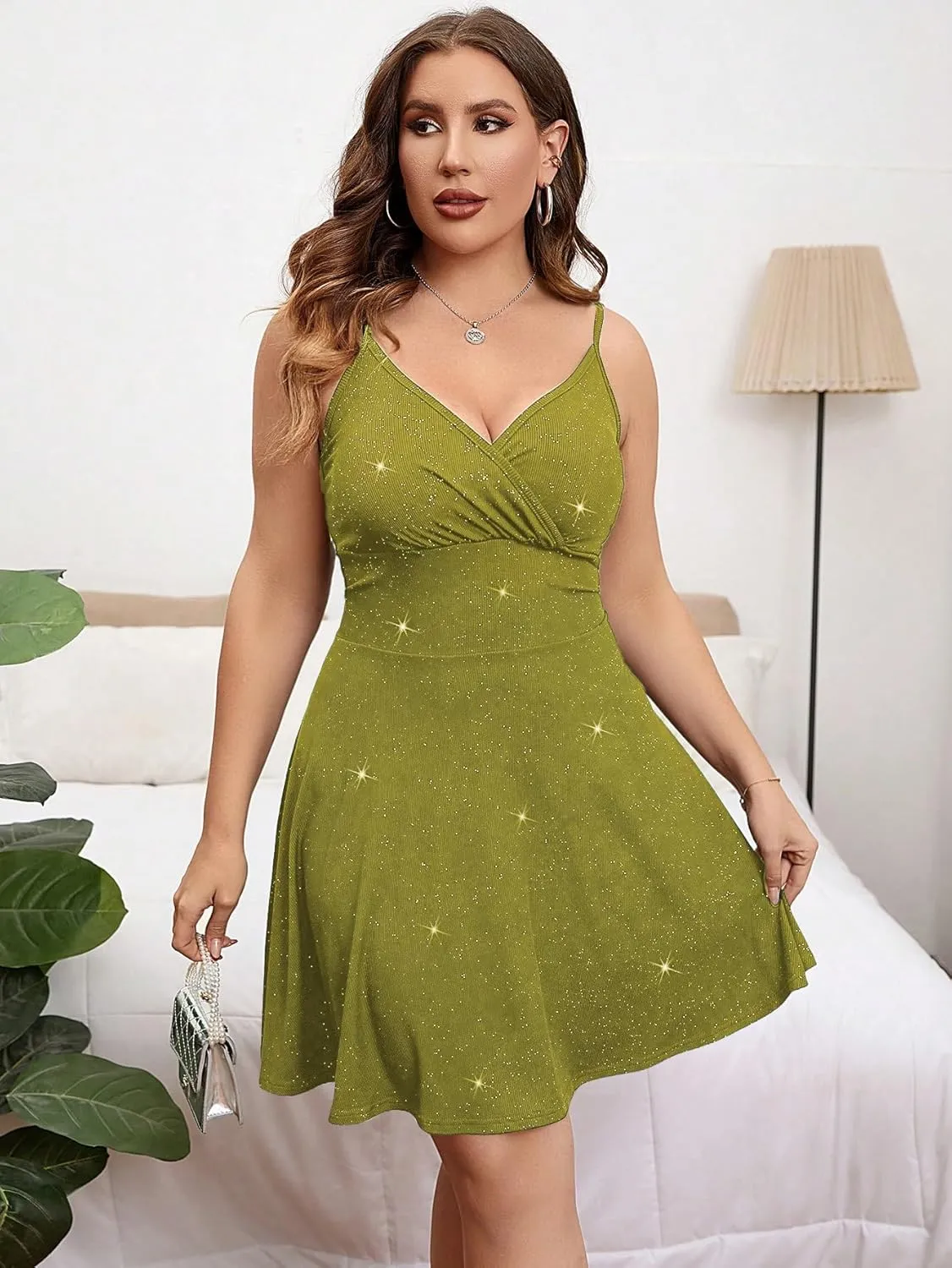 Floerns Women's Plus Size Sleeveless Glitter Dress Wrap V Neck Flared Short Dress