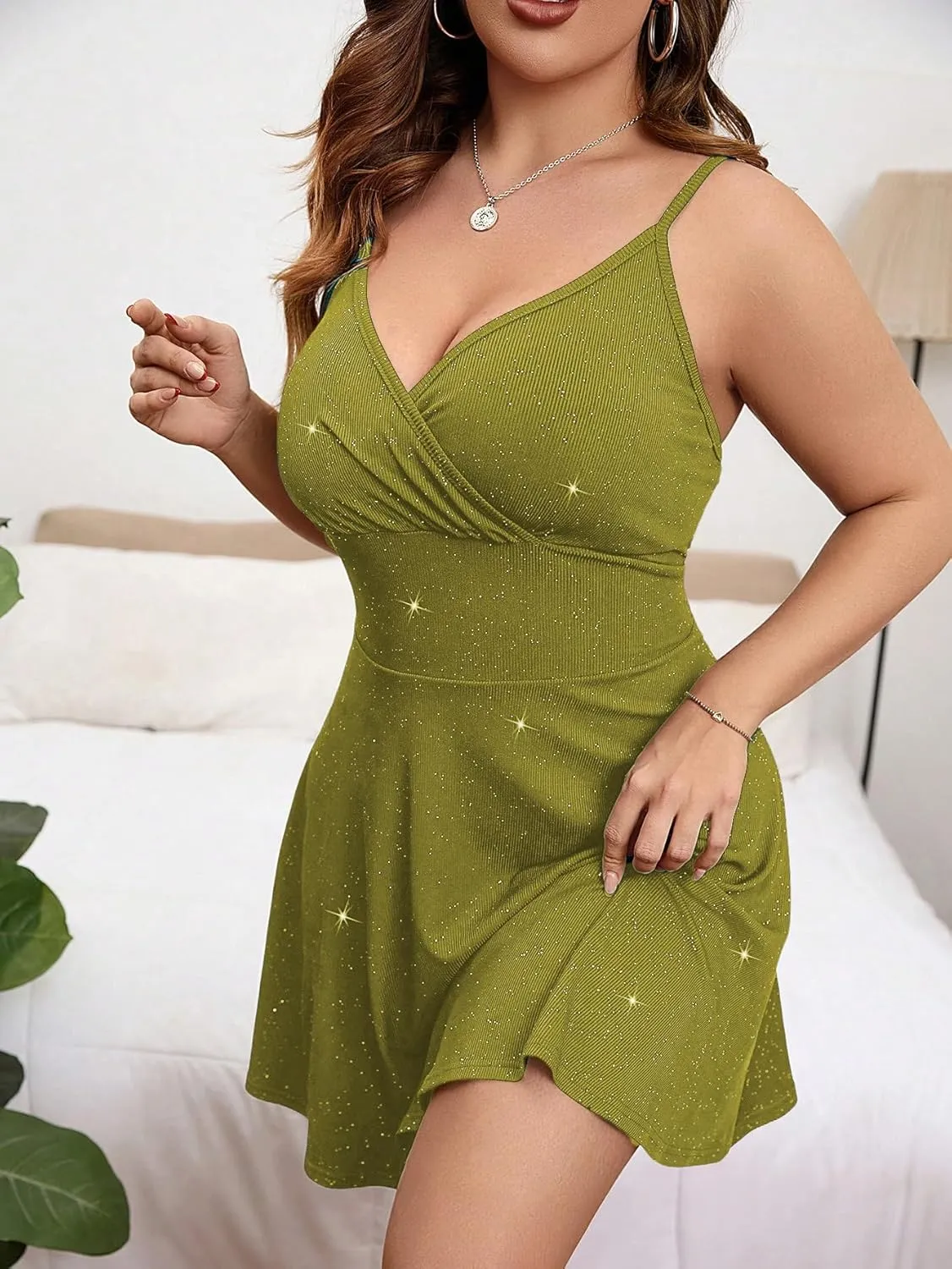Floerns Women's Plus Size Sleeveless Glitter Dress Wrap V Neck Flared Short Dress