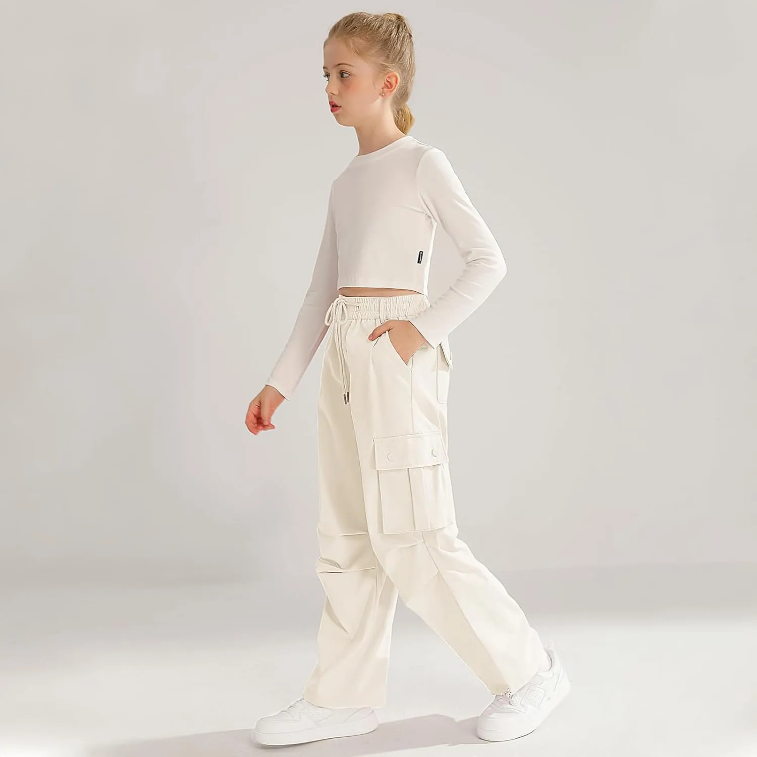 Girls Cargo Jogger Pants Parachute Pants with Elastic Waist and Pockets Cargo Trousers for Teens Girls 7-14 Years