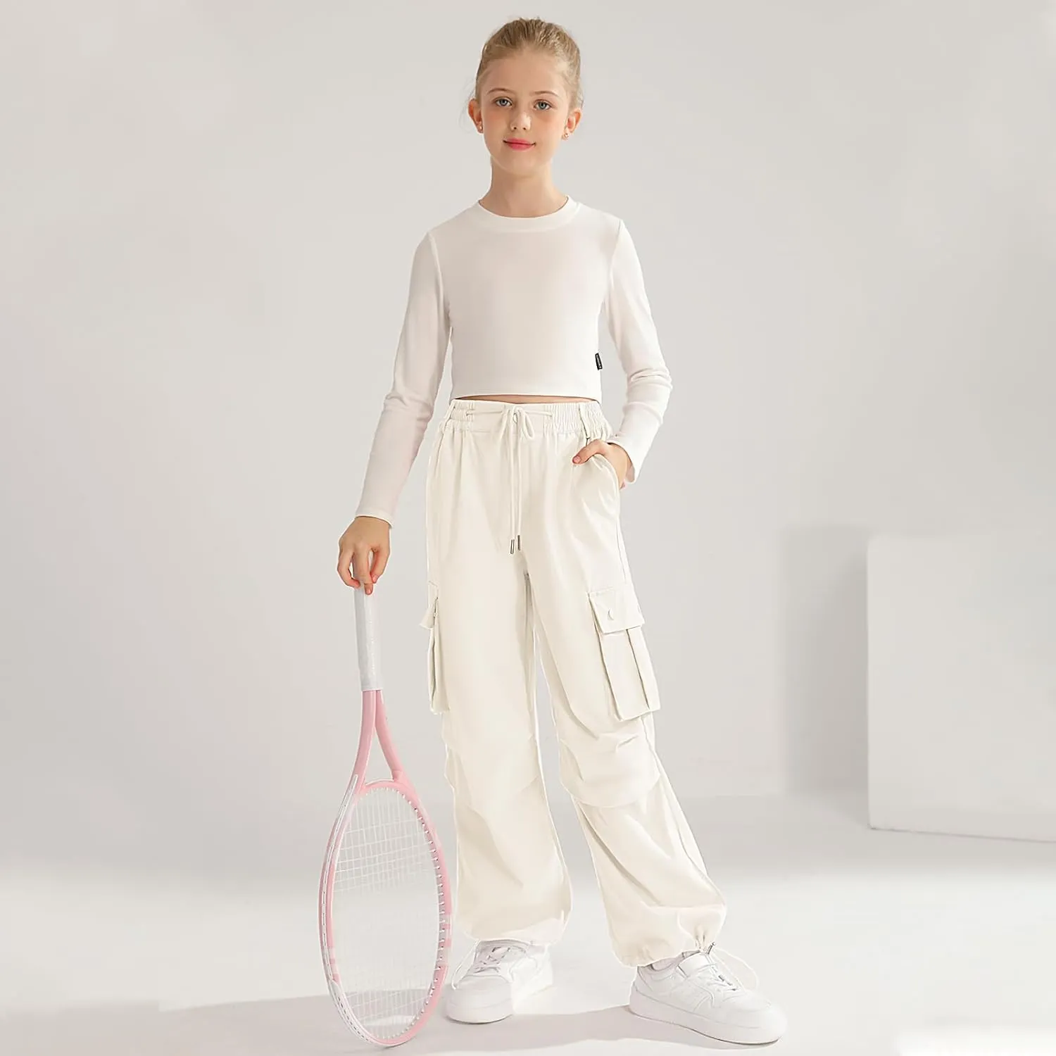 Girls Cargo Jogger Pants Parachute Pants with Elastic Waist and Pockets Cargo Trousers for Teens Girls 7-14 Years