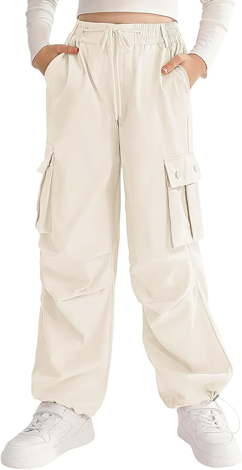 Girls Cargo Jogger Pants Parachute Pants with Elastic Waist and Pockets Cargo Trousers for Teens Girls 7-14 Years