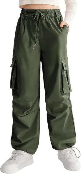Girls Cargo Jogger Pants Parachute Pants with Elastic Waist and Pockets Cargo Trousers for Teens Girls 7-14 Years