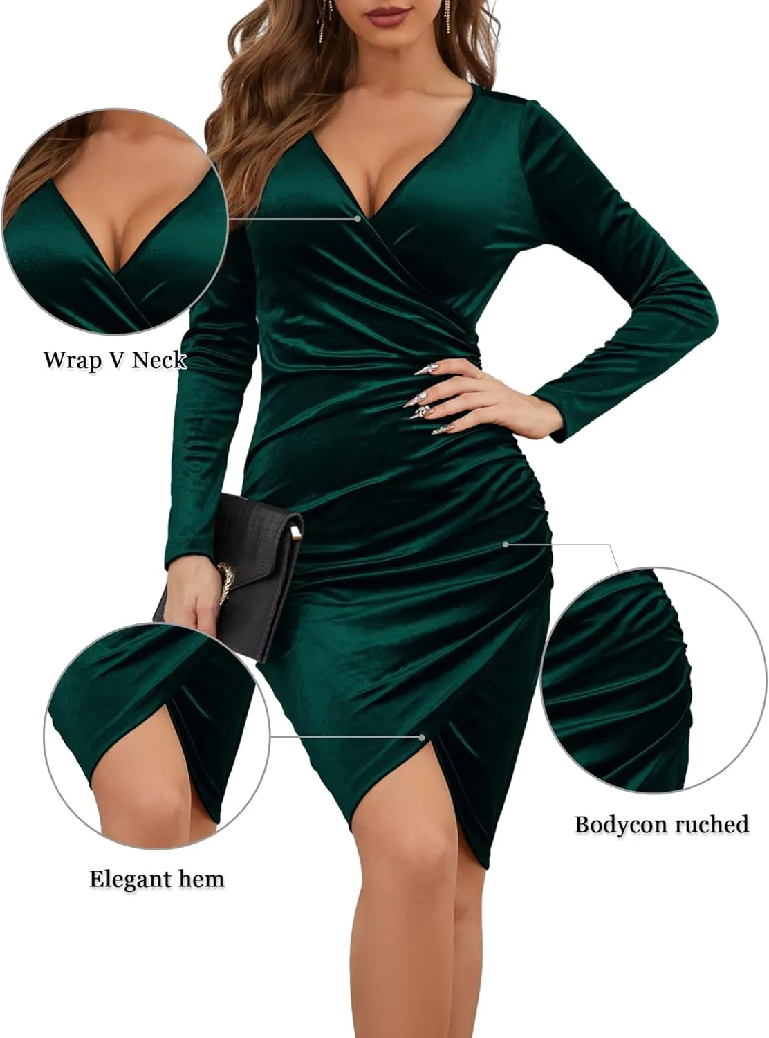GUBERRY Womens Wrap V Neck Long Sleeve Velvet Bodycon Ruched Cocktail Party Wedding Guest Dress