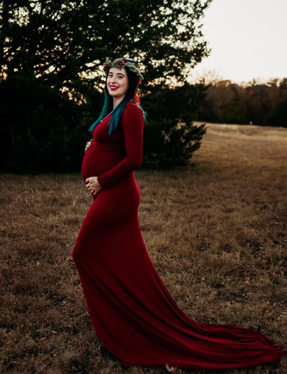 JustVH Maternity Elegant Fitted Maternity Gown Long Sleeve Cross-Front V Neck Slim Fit Maxi Photography Dress for Photoshoot