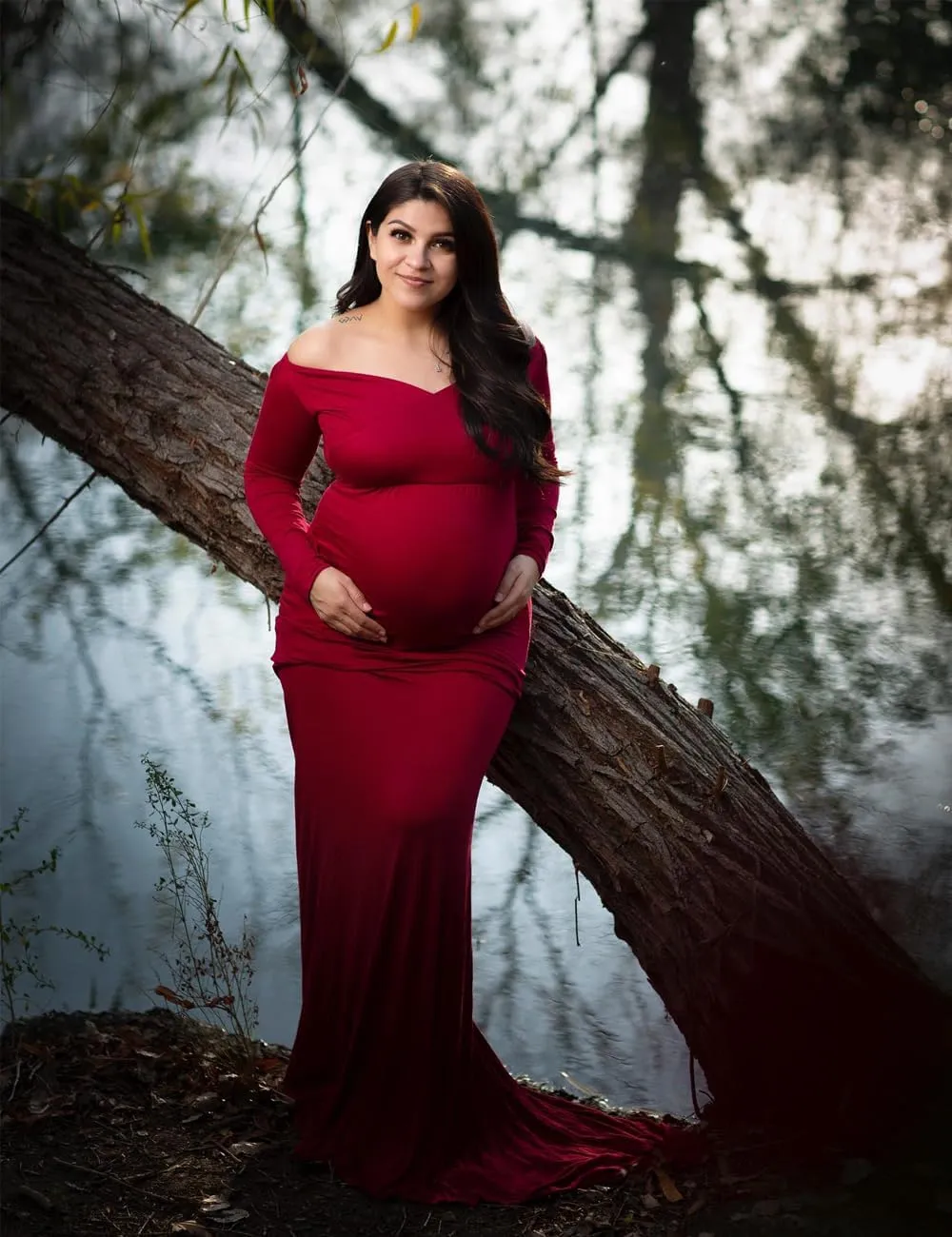 JustVH Maternity Elegant Fitted Maternity Gown Long Sleeve Cross-Front V Neck Slim Fit Maxi Photography Dress for Photoshoot